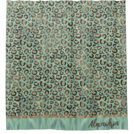 Glittery Leopard Print on Glossy Green Duschvorhang