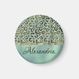 Glittery Leopard Print on Glossy Green Magnet