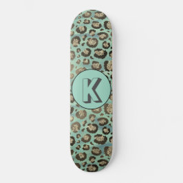 Glittery Leopard Print on Glossy Green Monogram Skateboard