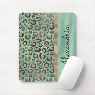 Glittery Leopard Print on Glossy Green Mousepad
