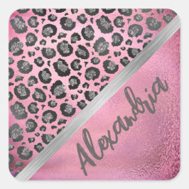 Glittery Leopard Print on Glossy Hot Pink Quadratischer Aufkleber