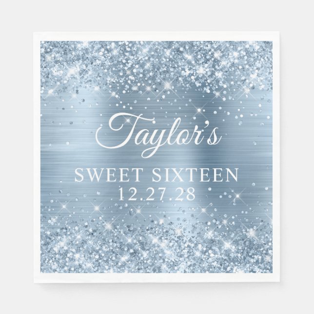 Glittery Light Blue Foil 16 . Geburtstag Serviette (Vorderseite)