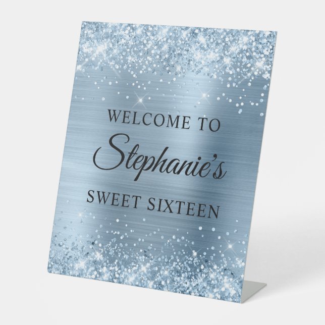Glittery Light Blue Foil 16 . Geburtstag Sockelschild (Vorderseite)