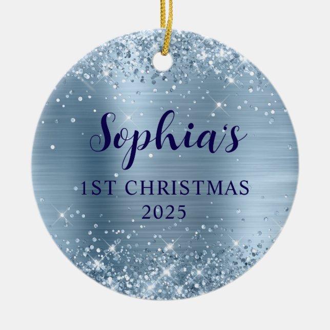 Glittery Light Blue Foil 1st Christmas Photo Keramik Ornament (Vorne)