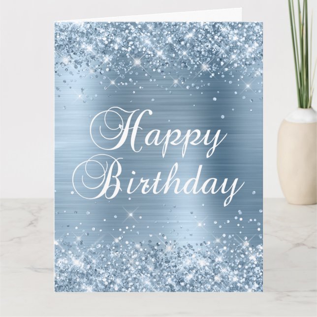Glittery Light Blue Foil Big Happy Birthday Karte (Vorderseite)