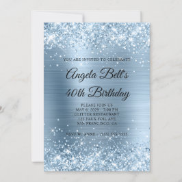 Glittery Light Blue Foil Monogram 40. Geburtstag Einladung