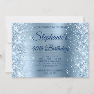 Glittery Light Blue Foil Monogram 40. Geburtstag Einladung