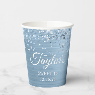 Glittery Light Blue Foil Sweet 16 Pappbecher