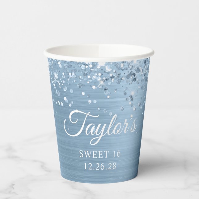 Glittery Light Blue Foil Sweet 16 Pappbecher (Links)