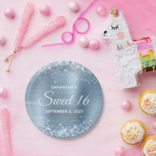 Glittery Light Blue Foil Sweet 16 Pappteller