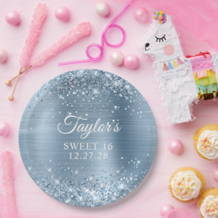 Glittery Light Blue Foil Sweet 16 Pappteller