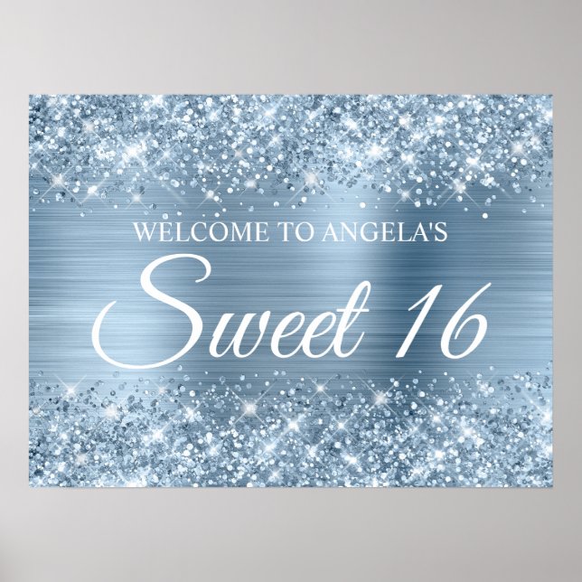 Glittery Light Blue Foil Sweet 16 Willkommen Poster (Vorne)