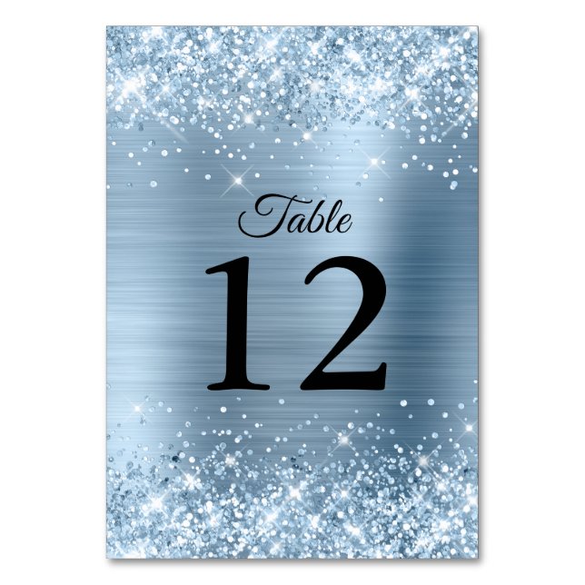 Glittery Light Blue Foil Wedding Tischnummer (Vorderseite)