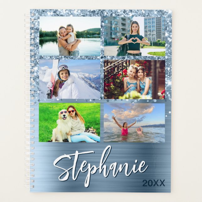 Glittery Light Blue Glam 14 Photo Collage Planer (Vorderseite)