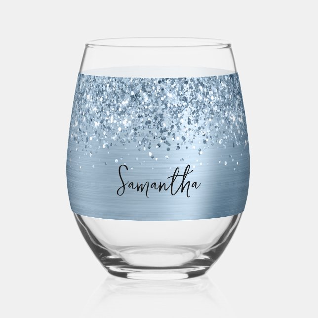 Glittery Light Blue Glam Name Weinglas Ohne Stiel (Vorderseite)