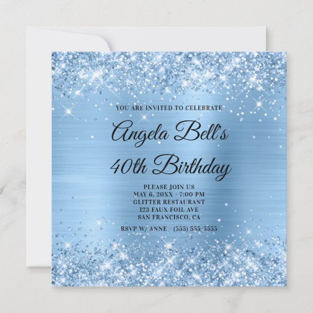 Glittery Light Blue Shimmer Foil Extravagant Monog Einladung (Vorderseite)