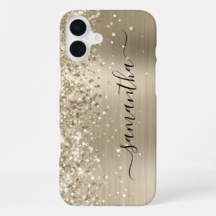 Glittery Light Gold Metallic Girly Signature iPhone 16 Plus Hülle