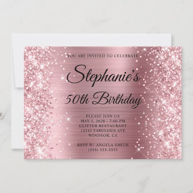 Glittery Light Pink Foil Monogram 50. Geburtstag Einladung (Vorderseite)