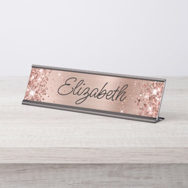 Glittery Light Rose Gold Fossilien Monoline Script Schreibtischnamensplakette (Vorderseite )