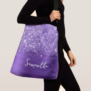 Glittery Lila Amethyst Glam Name Tragetaschen Mit Langen Trägern