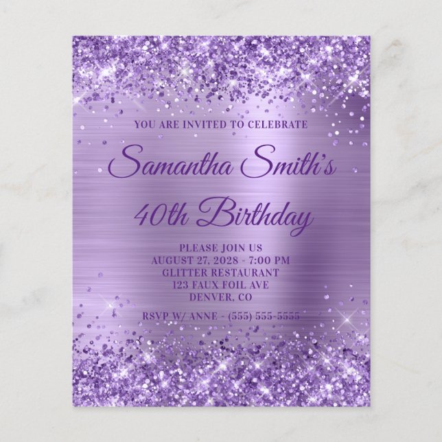Glittery Lila Foil Monogram 40th Birthday Einladun Flyer (Vorne)