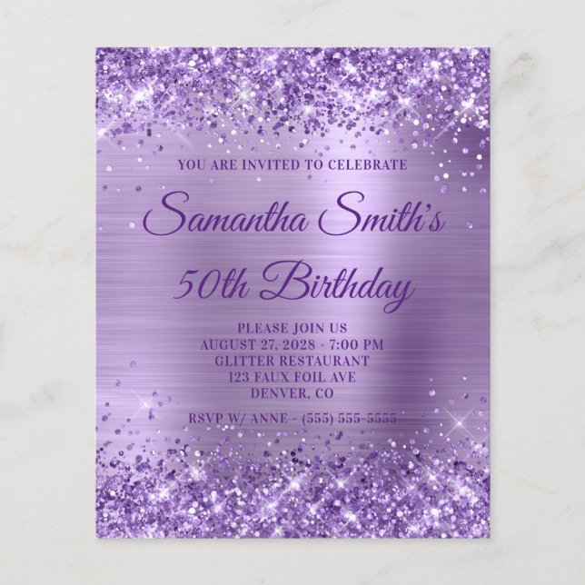 Glittery Lila Foil Monogram 50. Geburtstag Einladu Flyer (Vorne)