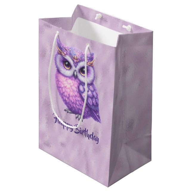 Glittery Lila Owl auf einem Lila Hintergrund Mittlere Geschenktüte (Vorderseite Schrägansicht)