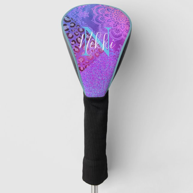 Glittery Lotus Leopard Monogram Golf Head Cover Golf Headcover (Vorderseite)