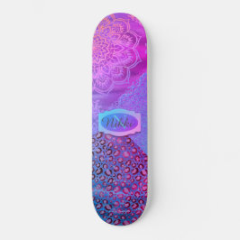 Glittery Lotus Leopard Monogram Skateboard