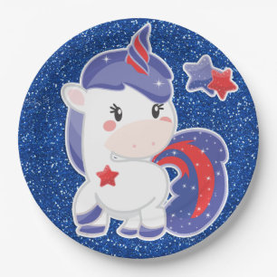 Glittery magisches 4. der Juli-Einhorn-Feier Pappteller