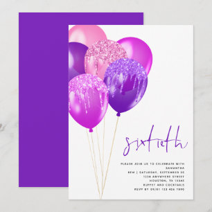 Glittery Mauve Fuchsia Balloons 60. Geburtstag Einladung