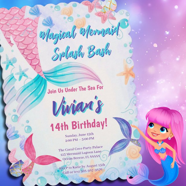 Glittery Mermaid Schwanz Birthday Party Einladung (Magical Mermaid Birthday Party Invitation)