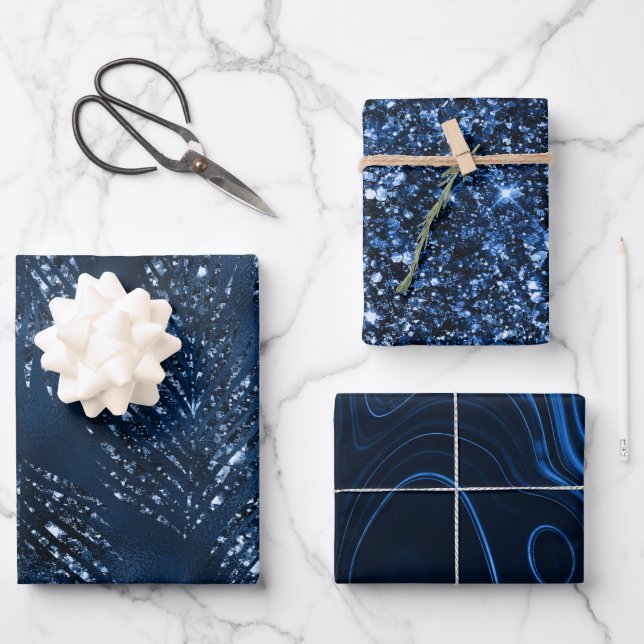 Glittery Navy Blauer Weihnachtsurlaub Geschenkpapier Set (Vorderseite)