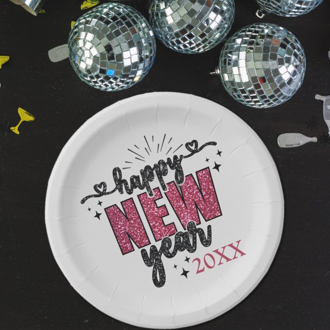 Glittery New Year's Eve Party Pappteller (Glittery Happy New Year Party Plate)