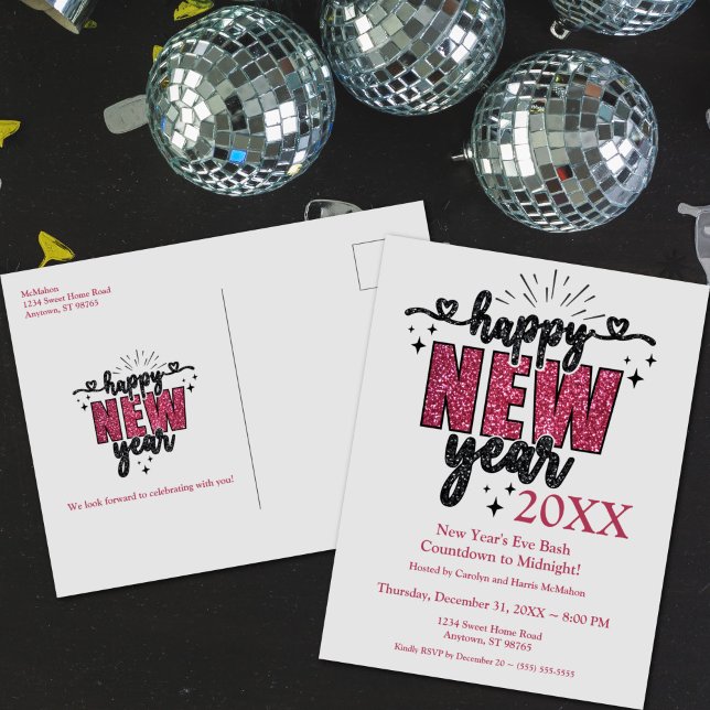 Glittery New Year's Eve Party Postkarte (Glittery New Year's Eve Party Postcard Invitation)