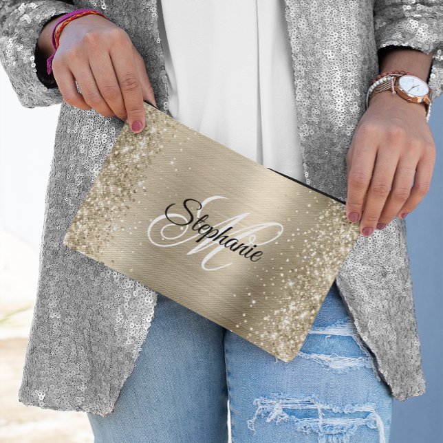 Glittery Pale Gold Foil Extravagant Monogram Zubehörtasche (Glittery Pale Gold Foil Fancy Monogram Accessory Pouch)