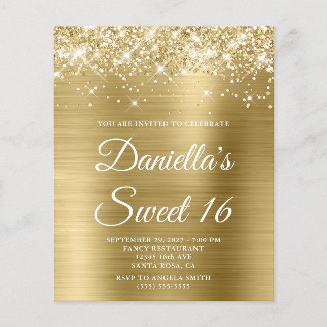 Glittery Pale Gold Foil Sweet 16 Budget Einladung (Vorderseite)