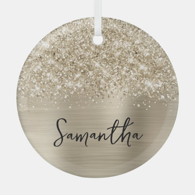Glittery Pale Gold Glam Name Ornament Aus Glas (Vorderseite)