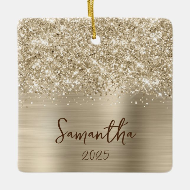 Glittery Pale Gold Glam Name Photo Keramikornament (Vorderseite)