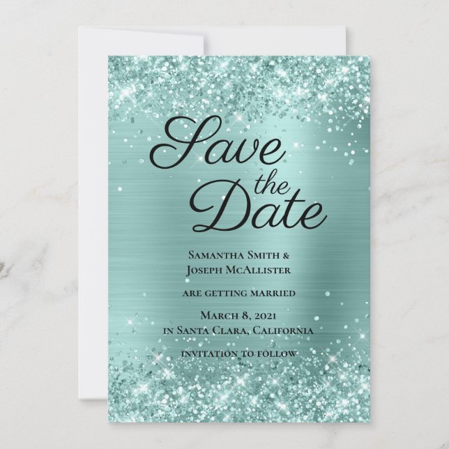 Glittery Pale Turquoise Ombre Foil Save The Date (Vorderseite)
