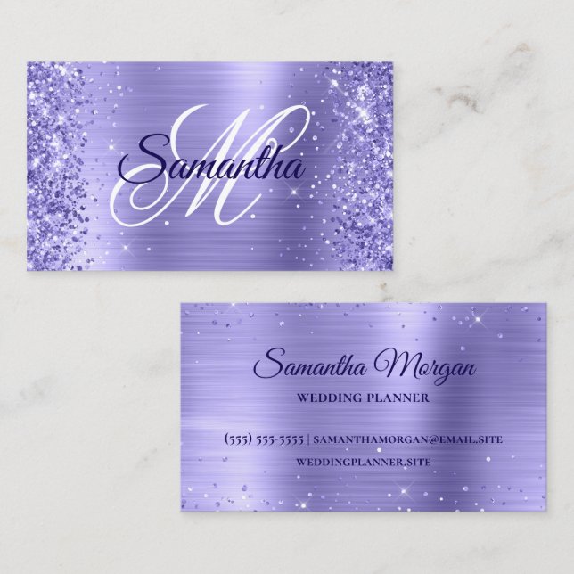 Glittery Periwinkle Foil Extravagant Monogram Visitenkarte (Vorne/Hinten)