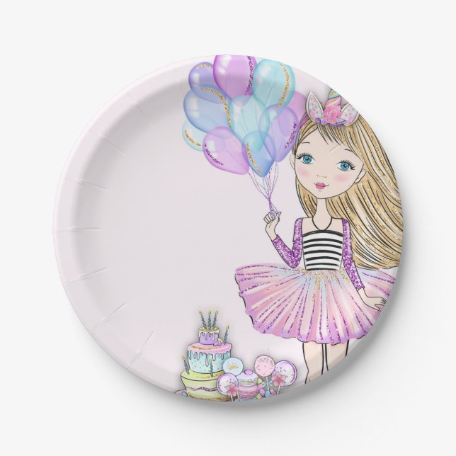 Glittery Pink Birthday Blonde Girl Unicorn Pappteller (Vorderseite)