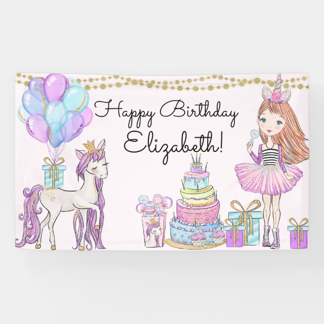 Glittery Pink Birthday Girl Unicorn Glam Banner (Horizontal)