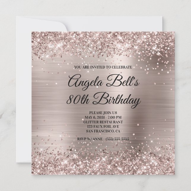 Glittery Pink Champagne Faux Foil 80th Birthday Einladung (Vorderseite)