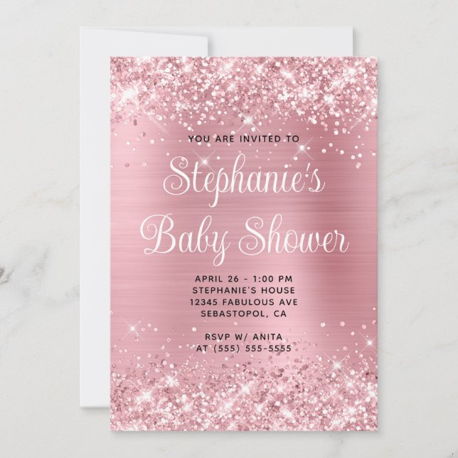 Glittery Pink Foil Online Registry Baby Dusche Einladung (Vorderseite)