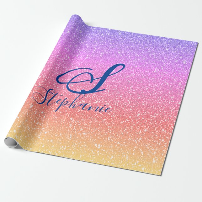Glittery Pink Lila Ombre Monogramme Name Niedlich Geschenkpapier (Ungerollt)