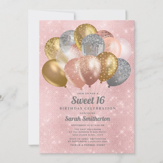 Glittery Pink Silver Gold Balloons Sweet 16 Einladung (Vorderseite)