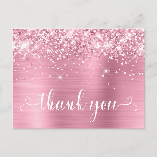 Glittery Pink Sweet 16 Herzen Vielen Dank Postkarte (Vorderseite)