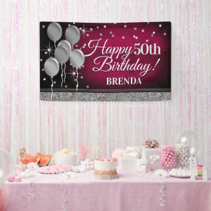 Glittery Pink und Silver Happy Birthday Banner