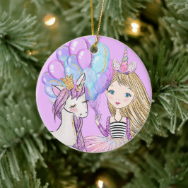 Glittery Pink Unicorn Girls Birthday Keramik Ornam Ornament